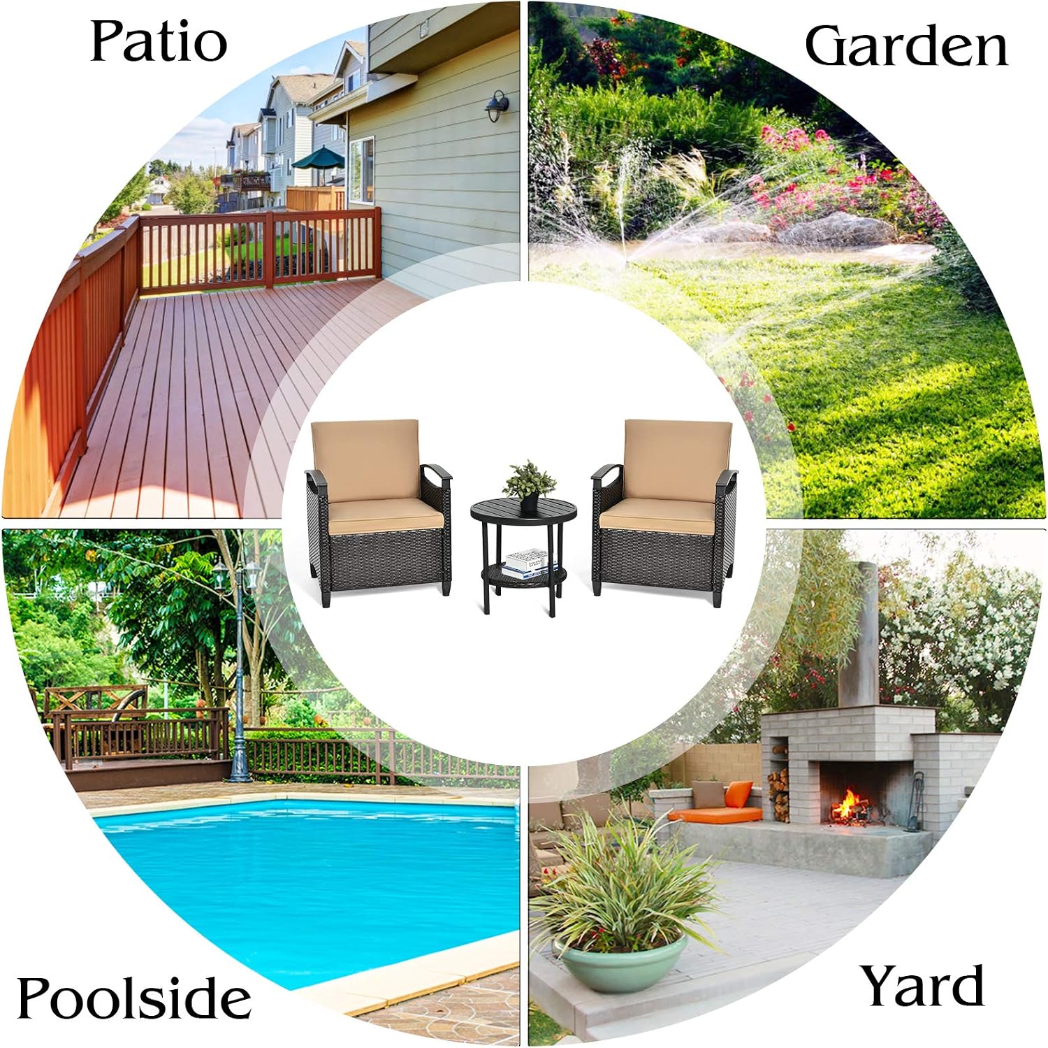 Tangkula 3 Piece Rattan Sofa Set, Patio Conversation Bistro Set w/Coffee Table, Seat and Back Cushions, Sturdy Steel Frame, Outdoor Furniture Set for Garden, Backyard, Balcony, Poolside