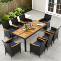 COSTWAY 9-Piece Patio Dining Set for 8, Outdoor Rattan Wicker Table and Chairs Furniture Set with Umbrella Hole, Acacia Wood Tabletop for Backyard, Balcony, Poolside, Black & Navy