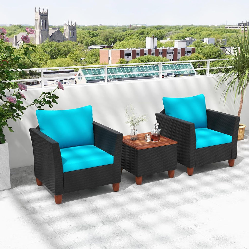 ORALNER 3 Pieces Patio Furniture Set, Outdoor Wicker Conversation Chairs with Cushion, Acacia Coffee Table, Rattan Bistro Set for Balcony Garden Backyard Front Porch Poolside (Turquoise)
