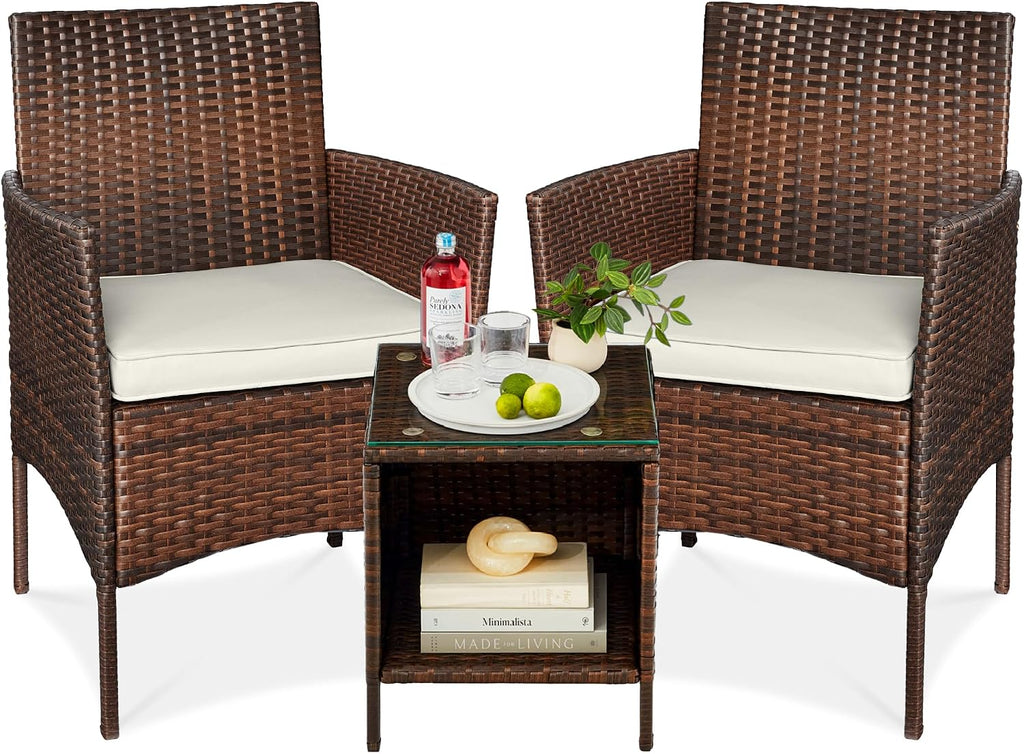 Best Choice Products 3-Piece Outdoor Wicker Conversation Bistro Set, Space Saving Patio Furniture for Garden w/Side Table - Brown/White Sand