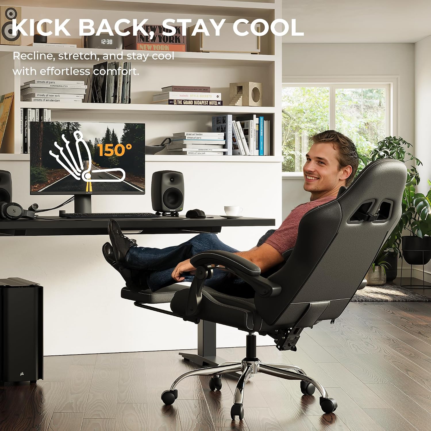 Ergonomic Gaming Chair with Footrest, Heavy Duty 330lbs Office Chair, Massage Lumbar Support, Adjustable Height & Headrest Pillow, Comfortable for Back Pain Relief, Streaming, Long Gaming, Black