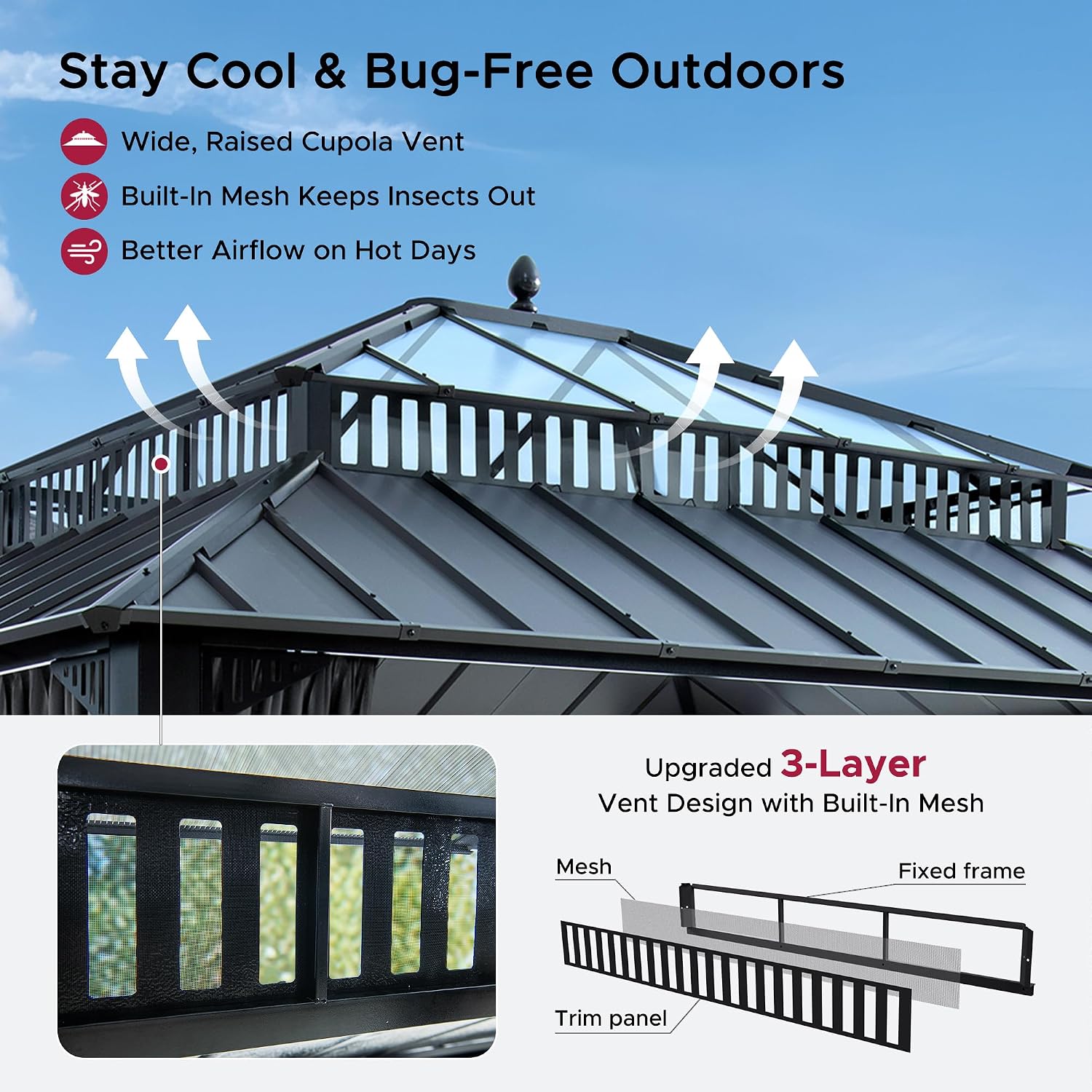 SUNJOY Kingston 14' x 12' Hardtop Gazebo with Galvanized Steel/Polycarbonate Double Roof, Curtain and Netting, Gray Aluminum Posts Permanent Pavilion Gazebo for Garden, Patio, Deck, Lawn