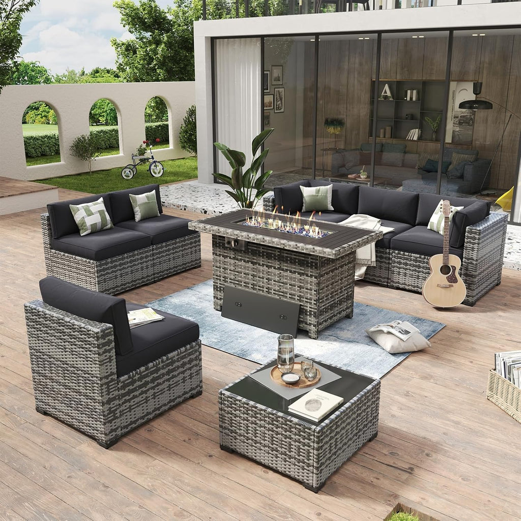 Aoxun 8 Piece Patio Furniture Set with 44'' Fire Pit Table Wicker Rattan Patio Conversation Set Outdoor Sectional Sofa Set with Coffee Table, Grey/Black (Waterproof Cover Included)