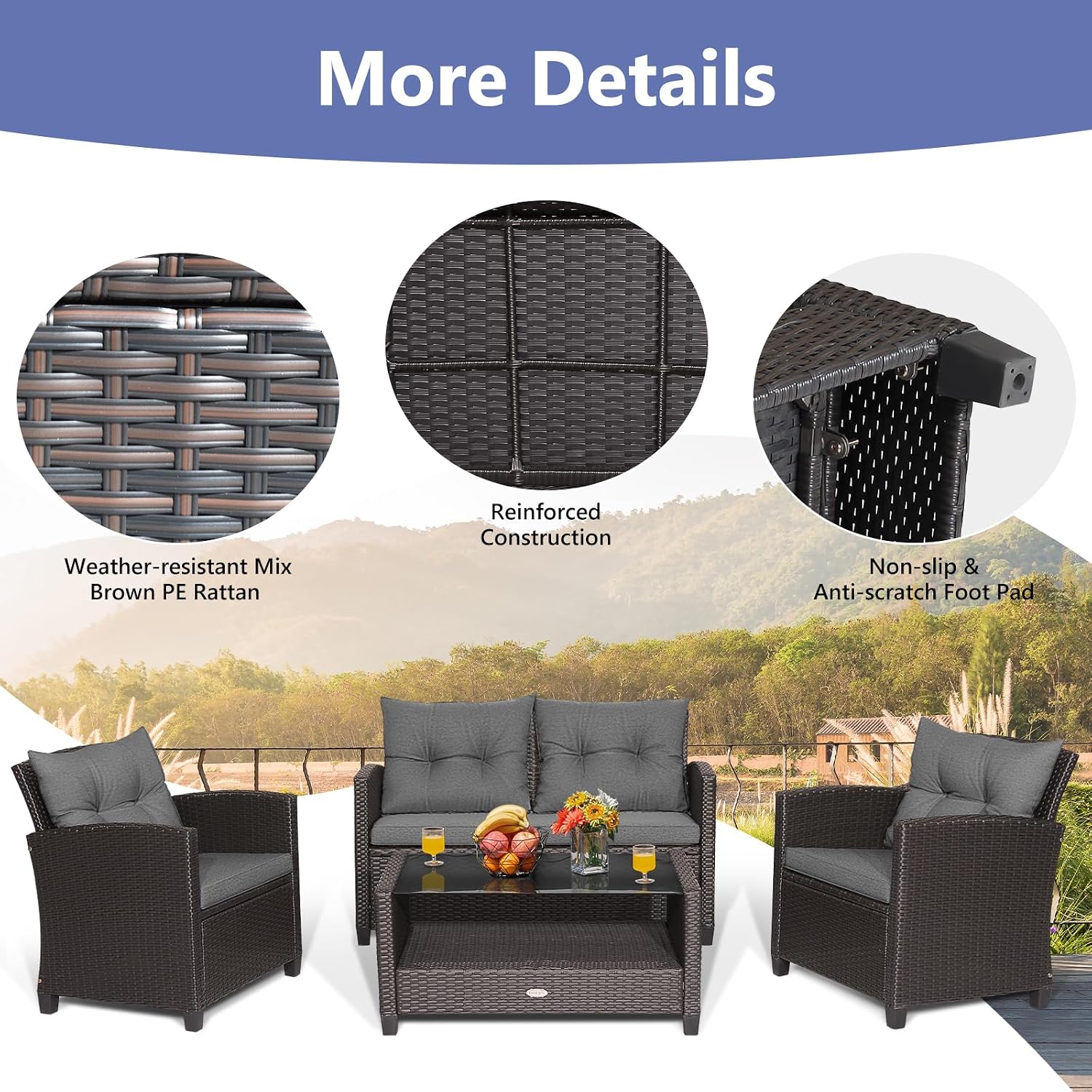 Tangkula 4-Piece Outdoor Rattan Furniture Set, PE Rattan Wicker Sectional Sofa with Loveseat Chair & Glass Table, Patio Cushioned Conversation Sets for Backyard Porch Garden Poolside (1, Gray)