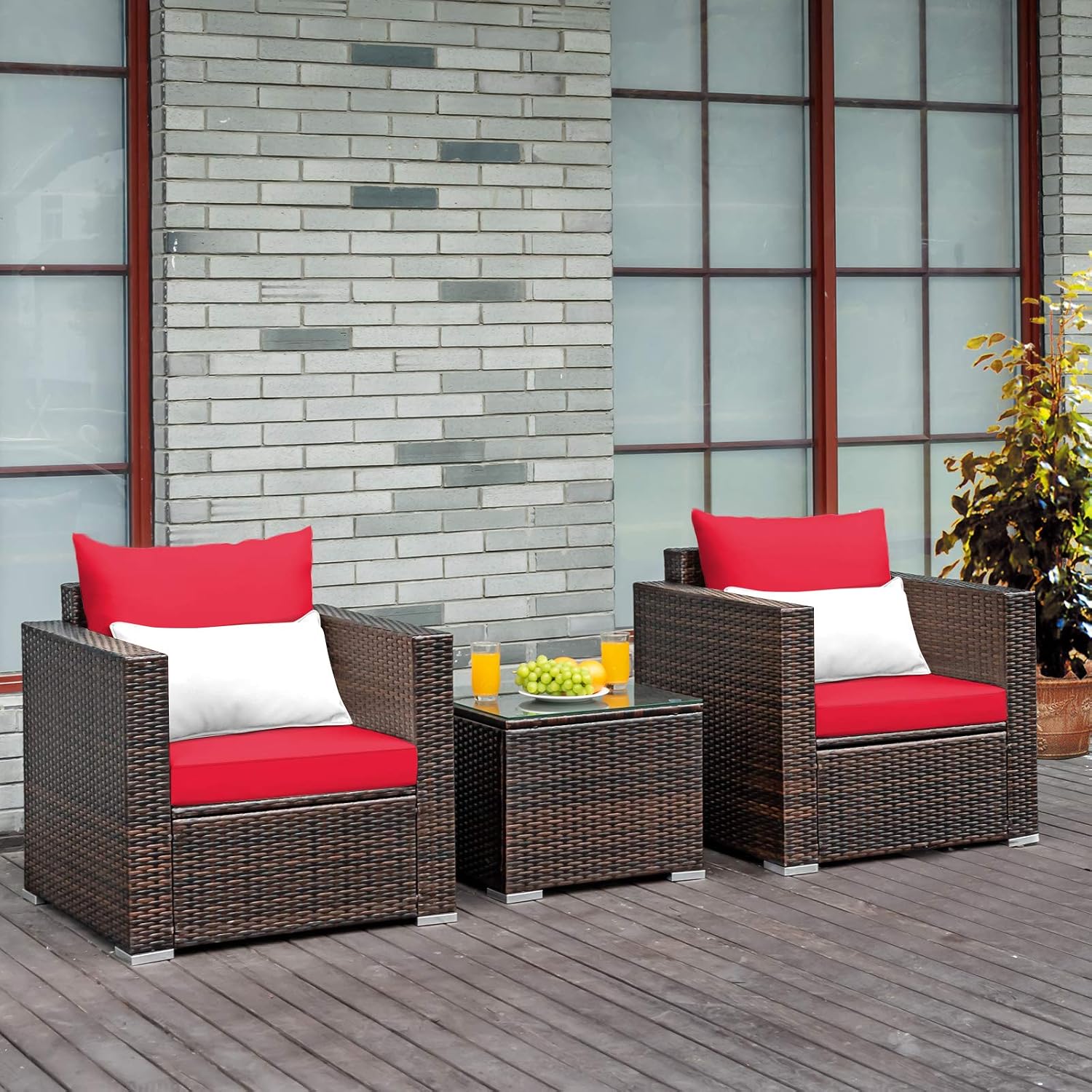 COSTWAY 3-Piece Patio Furniture Set, Outdoor Wicker Rattan Sofa with Cushions and Coffee Table with Tempered Glass, Modern Conversation Chair Set for Poolside Backyard Balcony Lawn (Red)