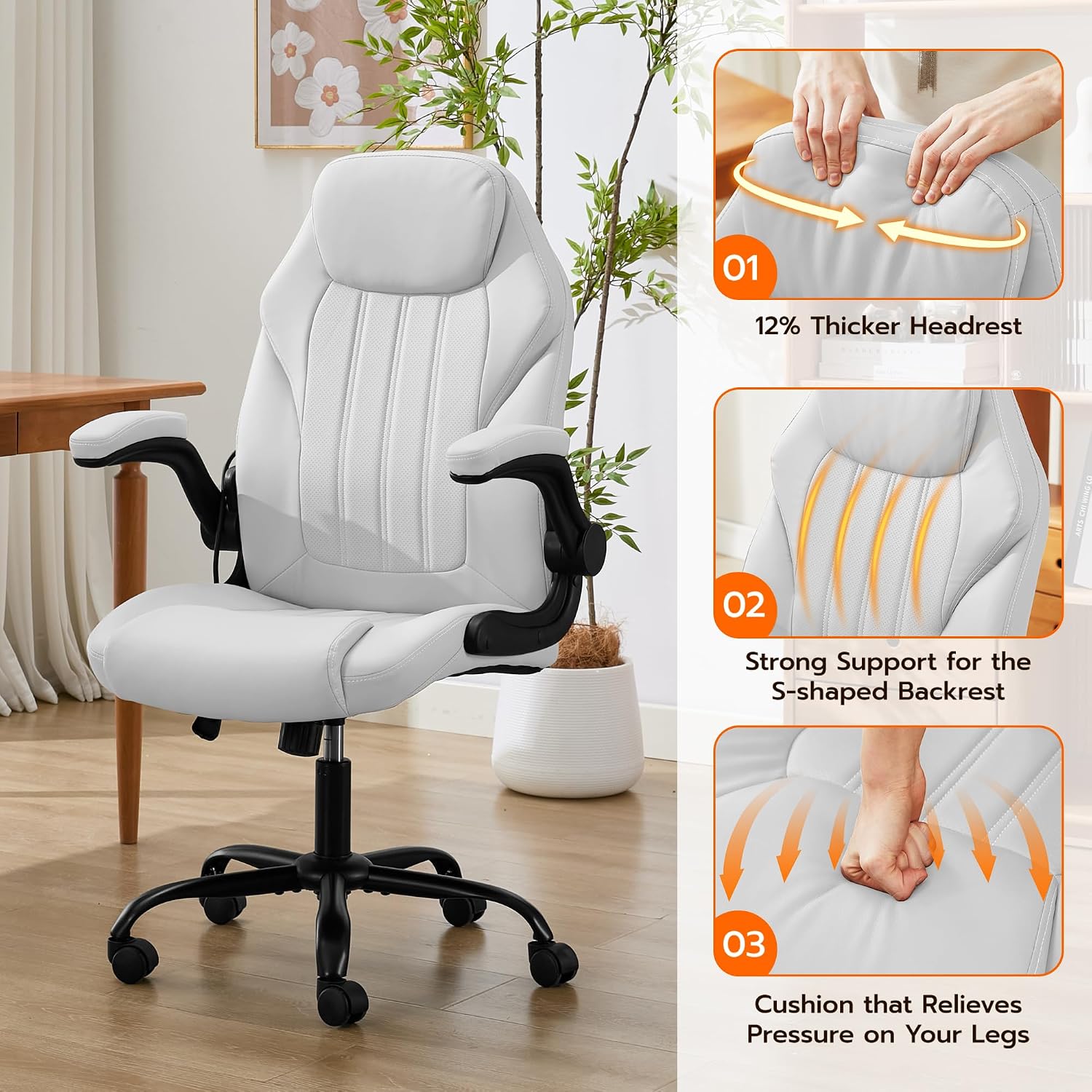 Ylzyxal Office Desk Chair, Ergonomic Computer Chair with Padded Flip-Up Arms and Adjustable Lumbar Support, PU Leather Executive Chair with Tilt Lock and 360° Swivel Rolling Wheels for Work, Study