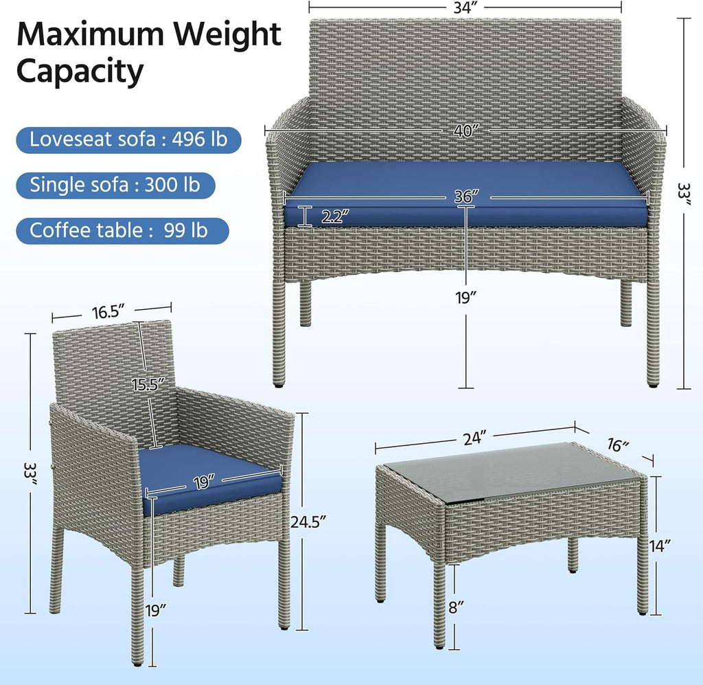 Yaheetech Patio Furniture Set 4 Pieces Conversation Sets, Rattan Chair Wicker Set Loveseat with Soft Cushion and Glass Table for Backyard Porch Garden Poolside Balcony, Gray and Dark Blue