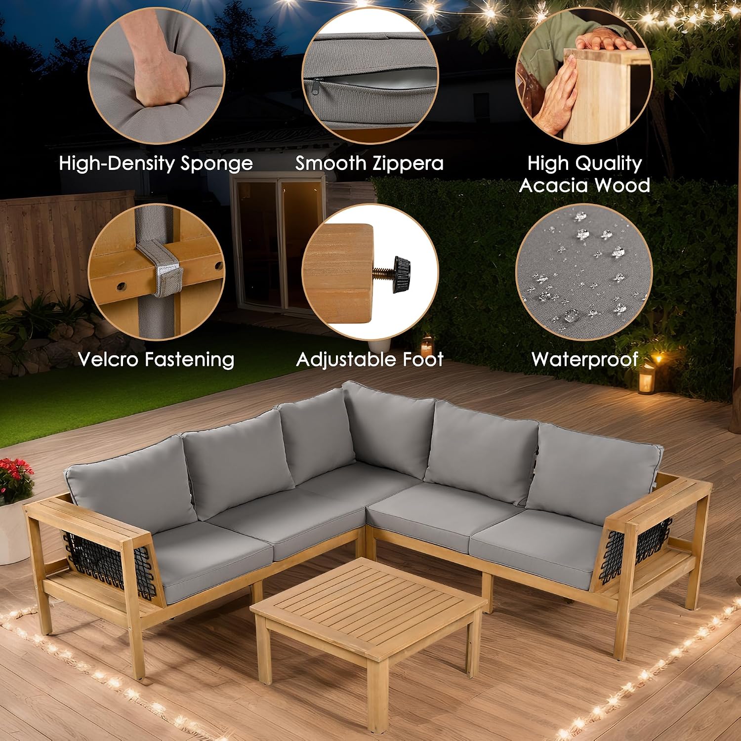 4 Piece Outdoor Patio Furniture Set, L-Shaped Patio Sofa Set with Coffee Table and Woven Mesh Armrests, All-Weather Conversation Seat with Cushions and Side Table (Gray+Natural)
