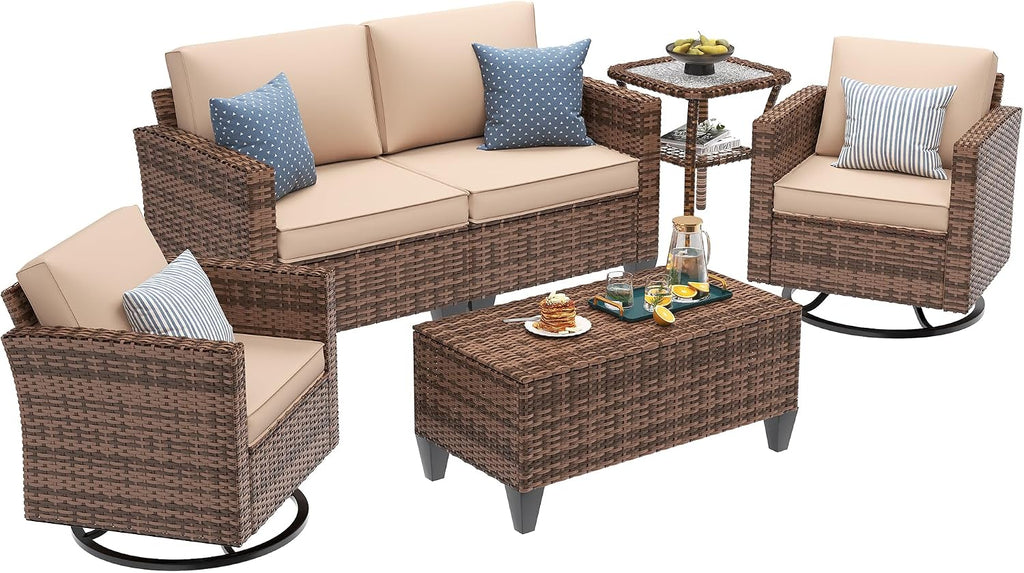 UDPATIO Patio Furniture Set, 5 Pieces Outdoor Furniture Sets with Rocking Swivel Chairs, Wicker Rattan Patio Conversation Set with Storage Table and Waterproof Covers for Backyard Deck Porch, Khaki