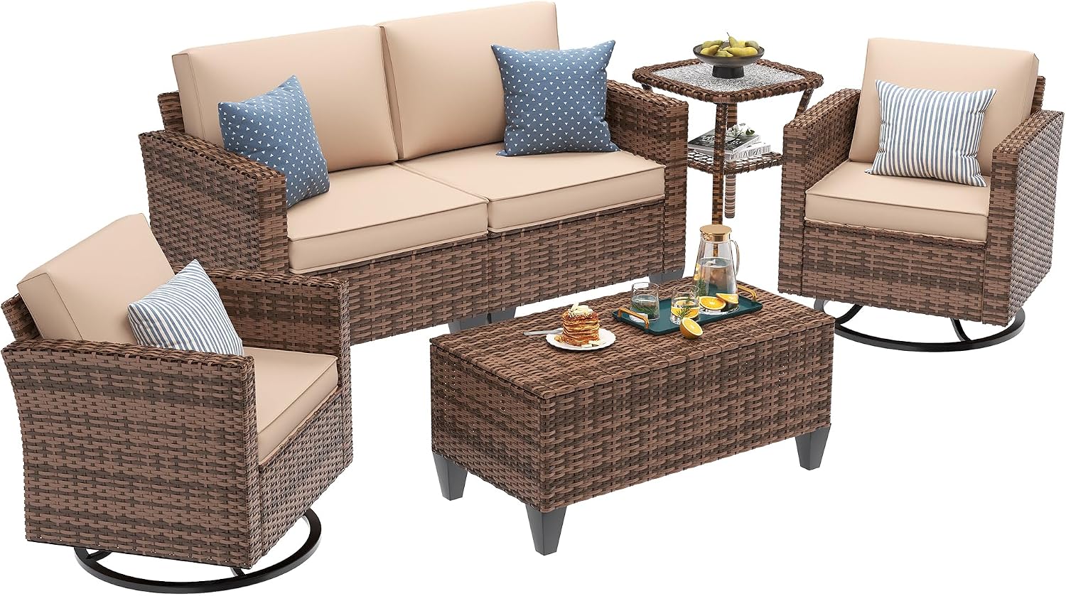 UDPATIO Patio Furniture Set, 5 Pieces Outdoor Furniture Sets with Rocking Swivel Chairs, Wicker Rattan Patio Conversation Set with Storage Table and Waterproof Covers for Backyard Deck Porch, Khaki
