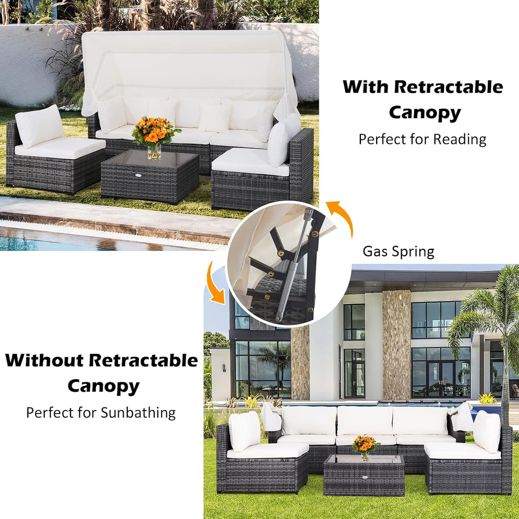Tangkula 6-Piece Patio Furniture Set w/Retractable Canopy, Outdoor Conversation Set w/3-Seat Daybed Sofa, Soft Cushions and Tempered Glass Coffee Table, All-Weather PE Rattan Sectional Sofa Set