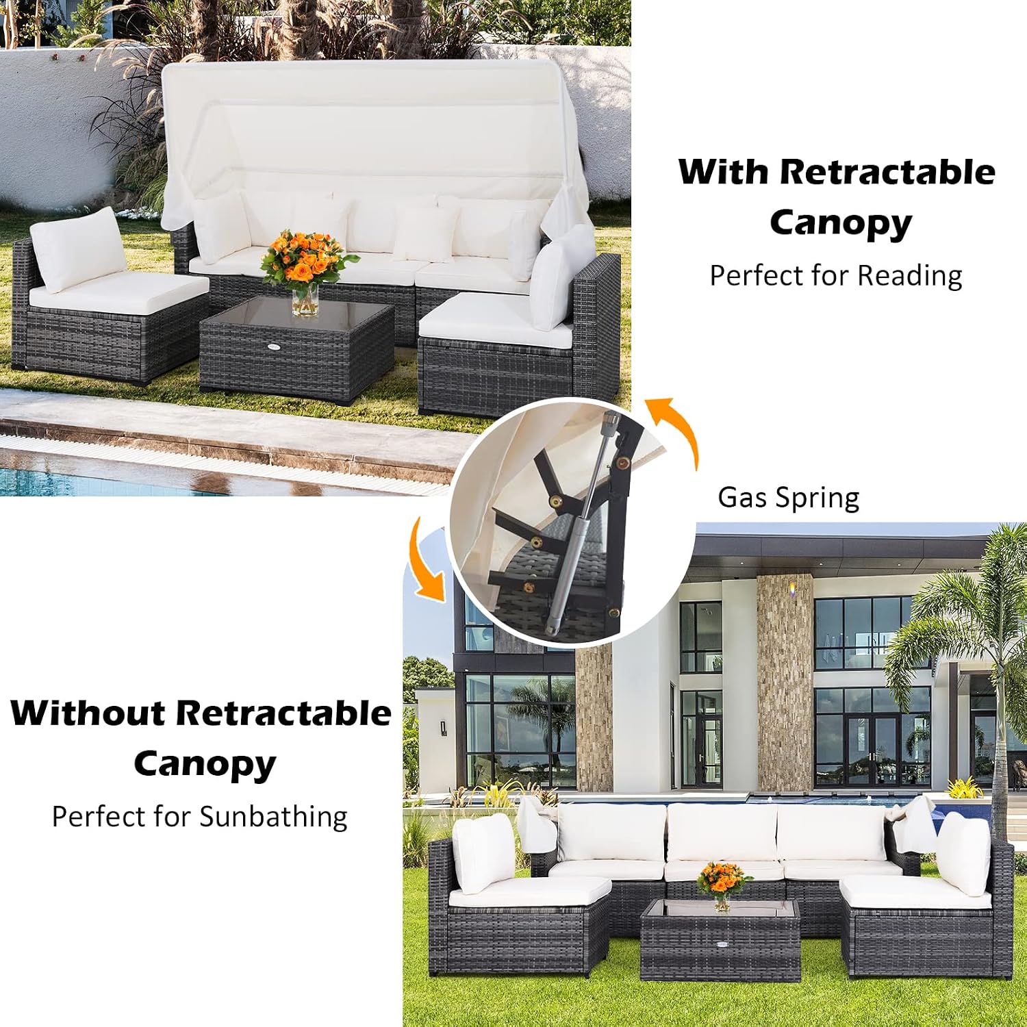 Tangkula 6-Piece Patio Furniture Set w/Retractable Canopy, Outdoor Conversation Set w/3-Seat Daybed Sofa, Soft Cushions and Tempered Glass Coffee Table, All-Weather PE Rattan Sectional Sofa Set