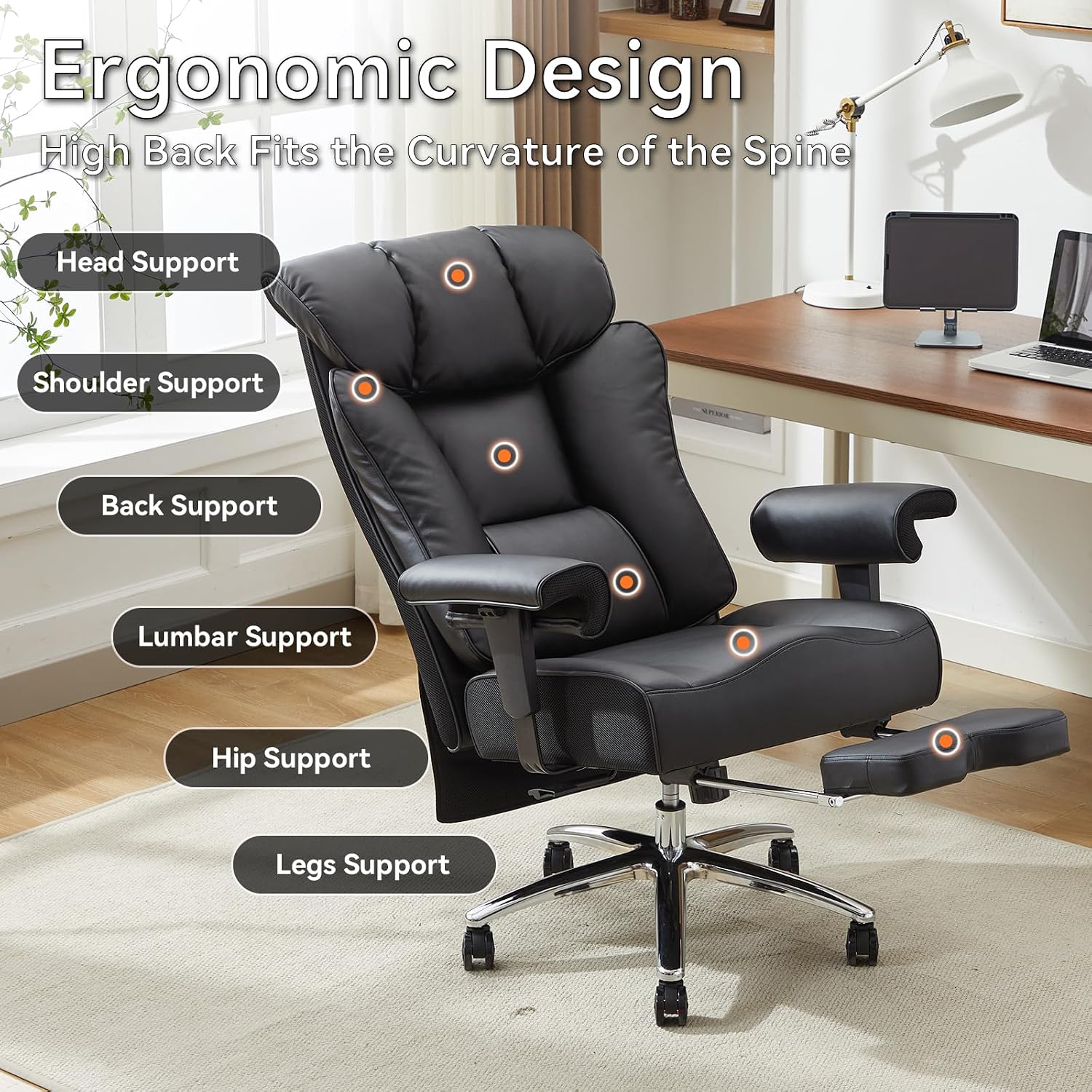 Efomao Big and Tall Office Chair 450lbs, 5.9' Thick Pocket Spring Executive Office Chair with Footrest, High Back PU Leather Desk Chair, Wide Seat Computer Chair, Black