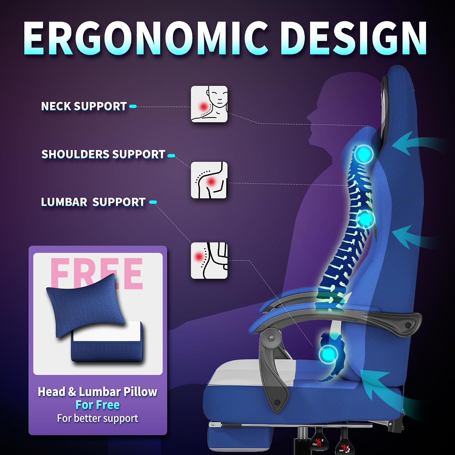 Gaming Chair, Ergonomic Computer Chair with Footrest, Big Tall PC Gamer Chair with Headrest and Massage Lumbar Support, 360° Swivel Height Adjustable Fabric Video Office Chairs for Adults (Blue)
