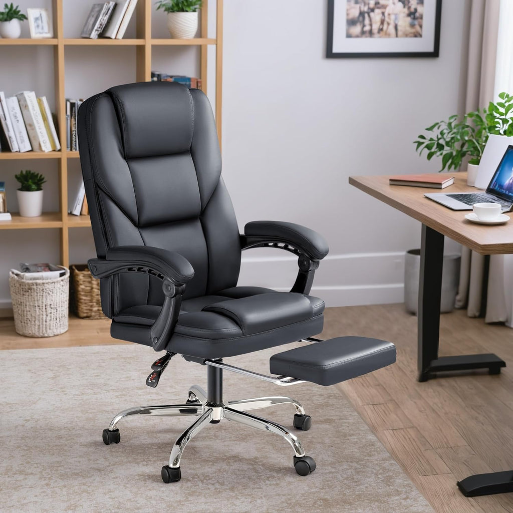 Furmax Massage Office Chair with Foot Rest Executive Big and Tall Office Chair Ergonomic Home Office Desk Chairs, Reclining High Back Leather Chair with Lumbar Support, 400LBS (Black)