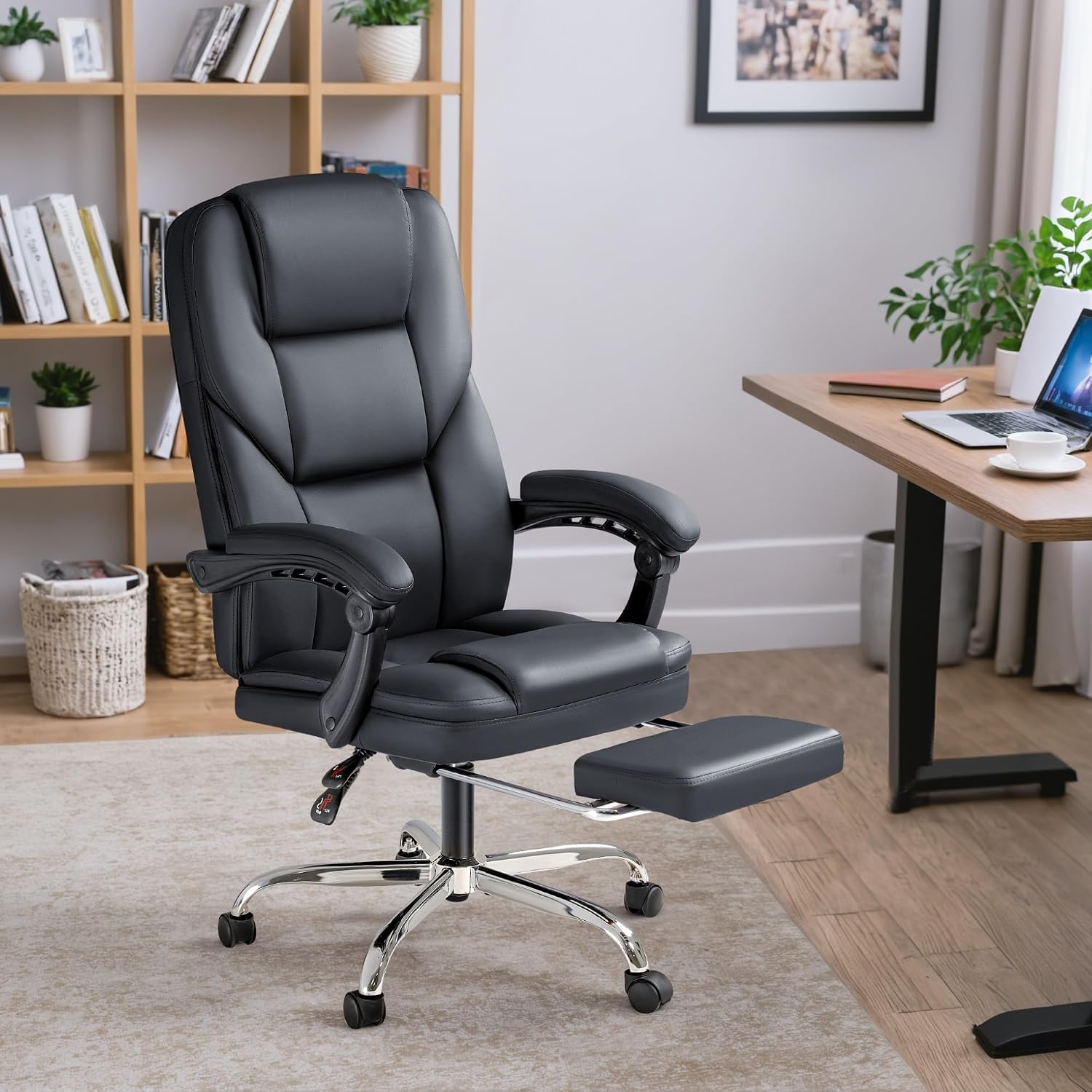 Furmax Massage Office Chair with Foot Rest Executive Big and Tall Office Chair Ergonomic Home Office Desk Chairs, Reclining High Back Leather Chair with Lumbar Support, 400LBS (Black)