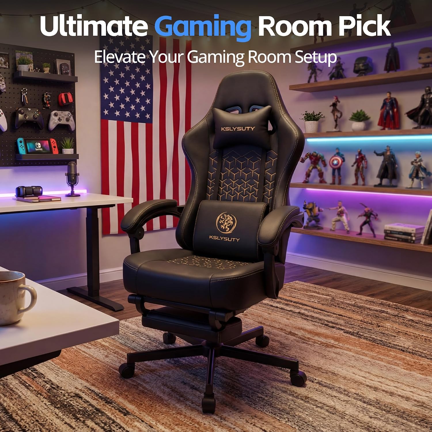 Gaming Chair Breathable Leather with Pocket Spring Cushion, Wide and High Ergonomic Office Chair with Headrest, Computer Gaming Chair with Footrest for Adult and Teen (Black Leather)