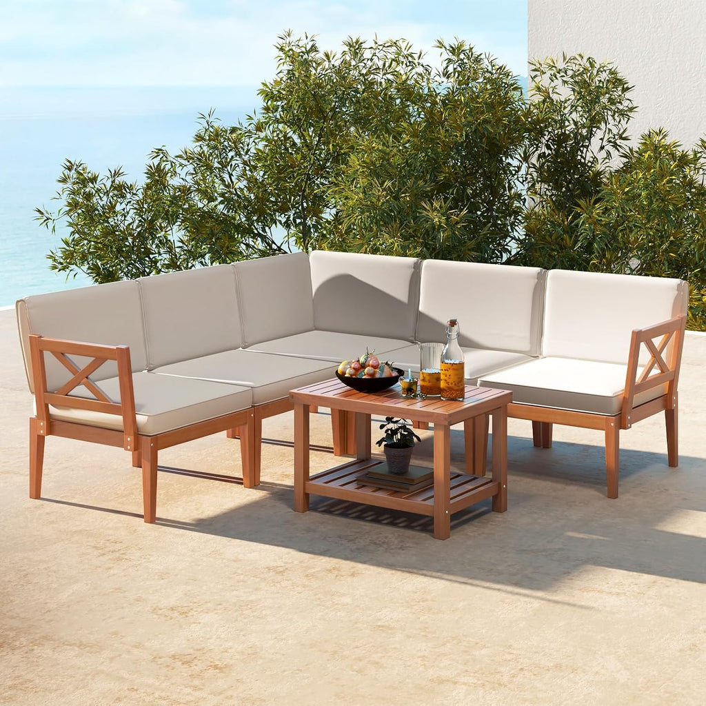 Tangkula 6 Pieces Acacia Wood Patio Furniture Set, Outdoor Sectional Conversation Set with Cushions and 2-Tier Coffee Table, L Shaped Corner Sofa Set for Garden, Porch, Poolside and Backyard
