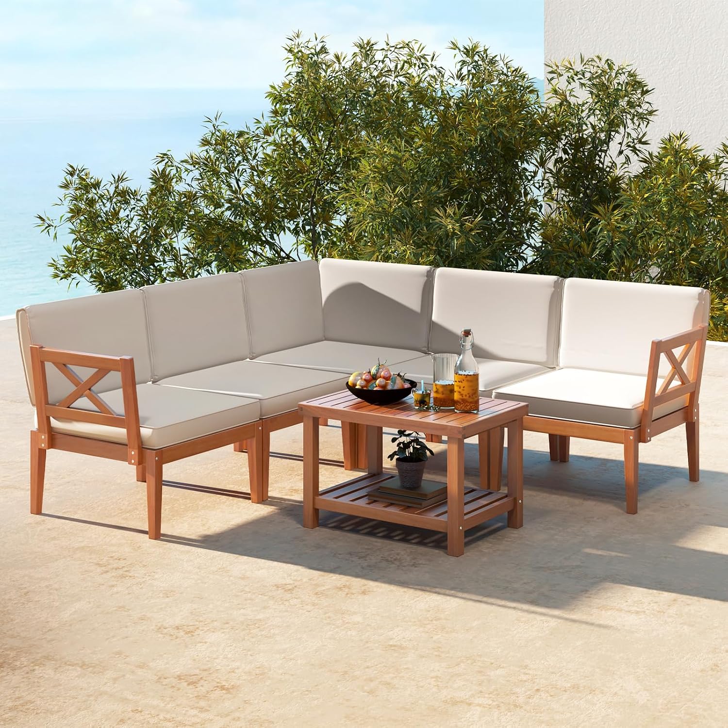 Tangkula 6 Pieces Acacia Wood Patio Furniture Set, Outdoor Sectional Conversation Set with Cushions and 2-Tier Coffee Table, L Shaped Corner Sofa Set for Garden, Porch, Poolside and Backyard