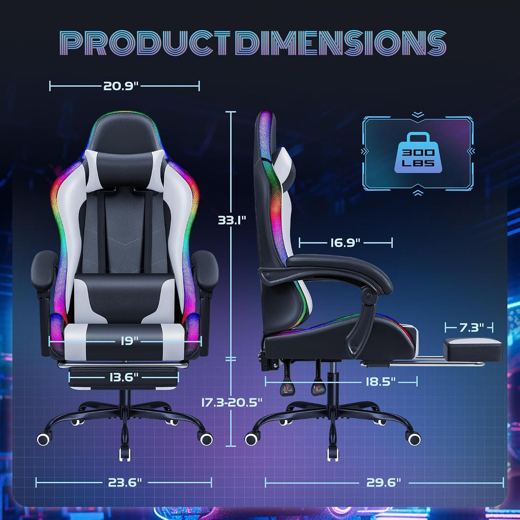 Furmax Gaming Chair with RGB LED Lights, Video Game Chair with Footrest and Massage Lumbar Support, High Back Reclining Computer Chair with Headrest, Swivel Seat Gamer Chair (LED White)