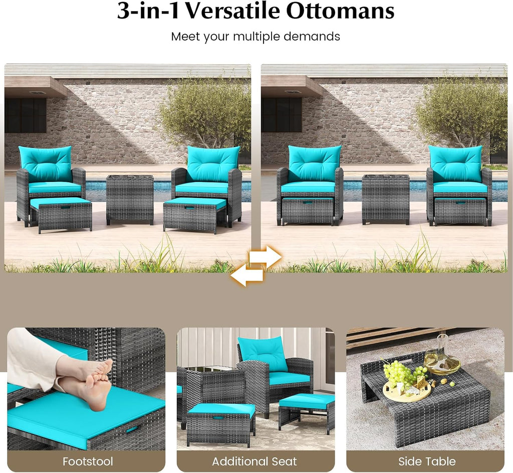KOTEK 5 Pieces Patio Furniture Set with Ottomans, Wicker Patio Conversation Set with Coffee Table & Cushions, PE Rattan Outdoor Lounge Chairs for Backyard, Porch, Poolside (Mix Grey- Turquoise)