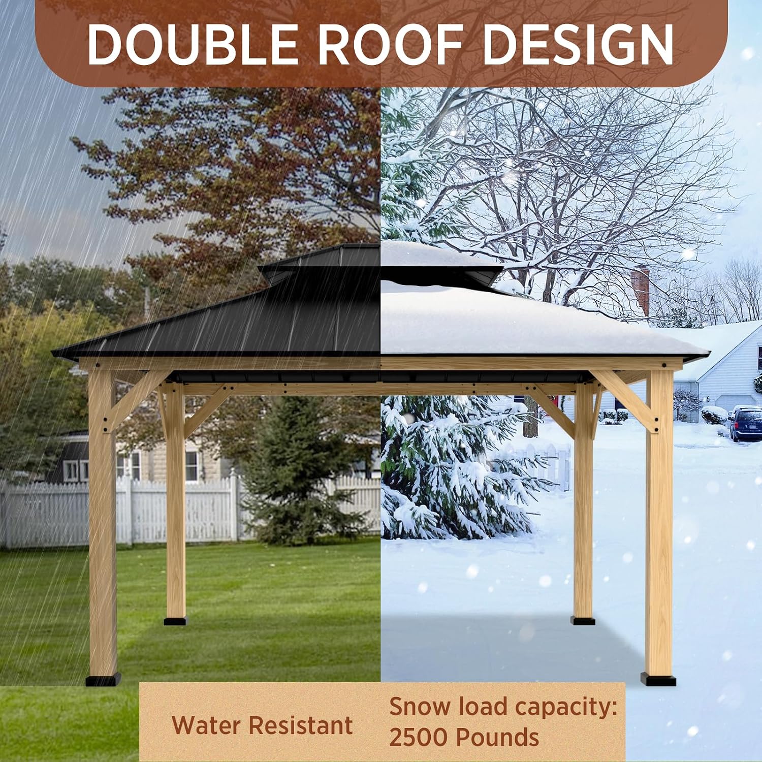 COOS BAY 11x13 Hardtop Gazebo with Cedar Wood Frame, Galvanized Steel Double Roof with UV Protection for Garden, Patio, Poolside, Backyard, Natural Wood/Black