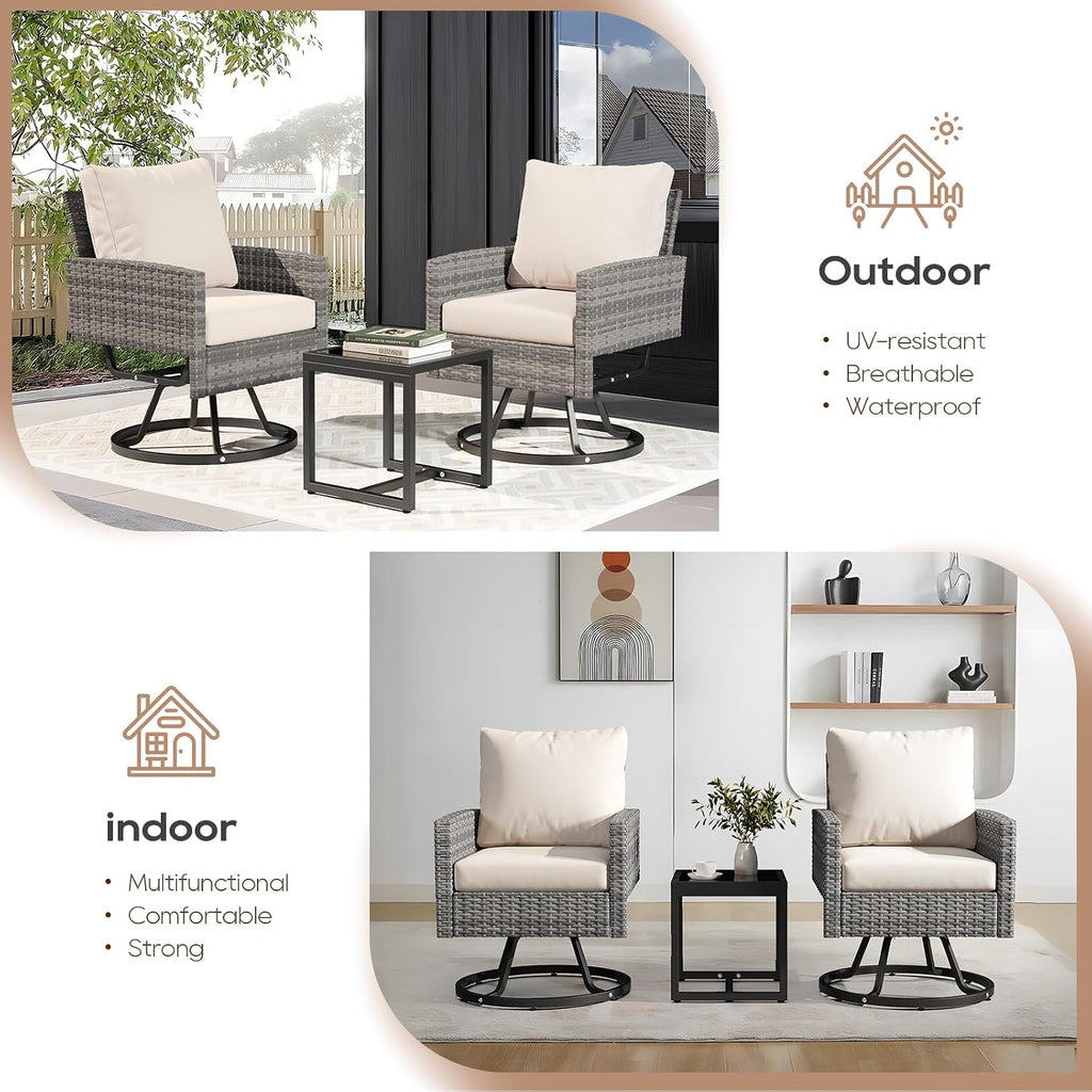 Outdoor Swivel Chair Set of 2, 3 Pcs Rattan Patio Furniture Set, Patio Bistro Set with Side Table for Porch Garden Lawn Balcony Backyard (Gray & Beige)