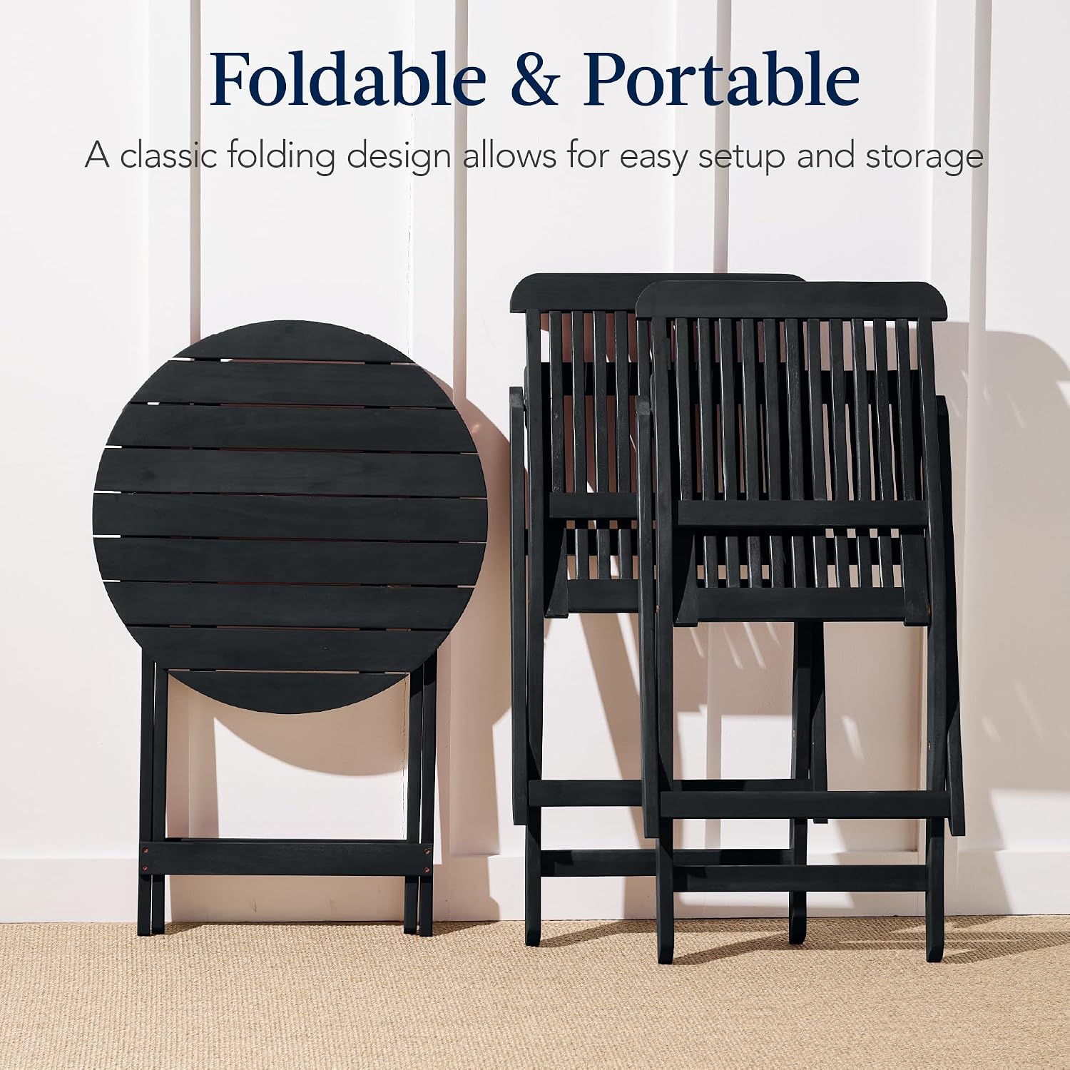 Best Choice Products 3-Piece Acacia Wood Bistro Set, Folding Patio Furniture for Backyard, Balcony, Deck w/ 2 Chairs, Round Coffee Table, Teak Finish - Charcoal
