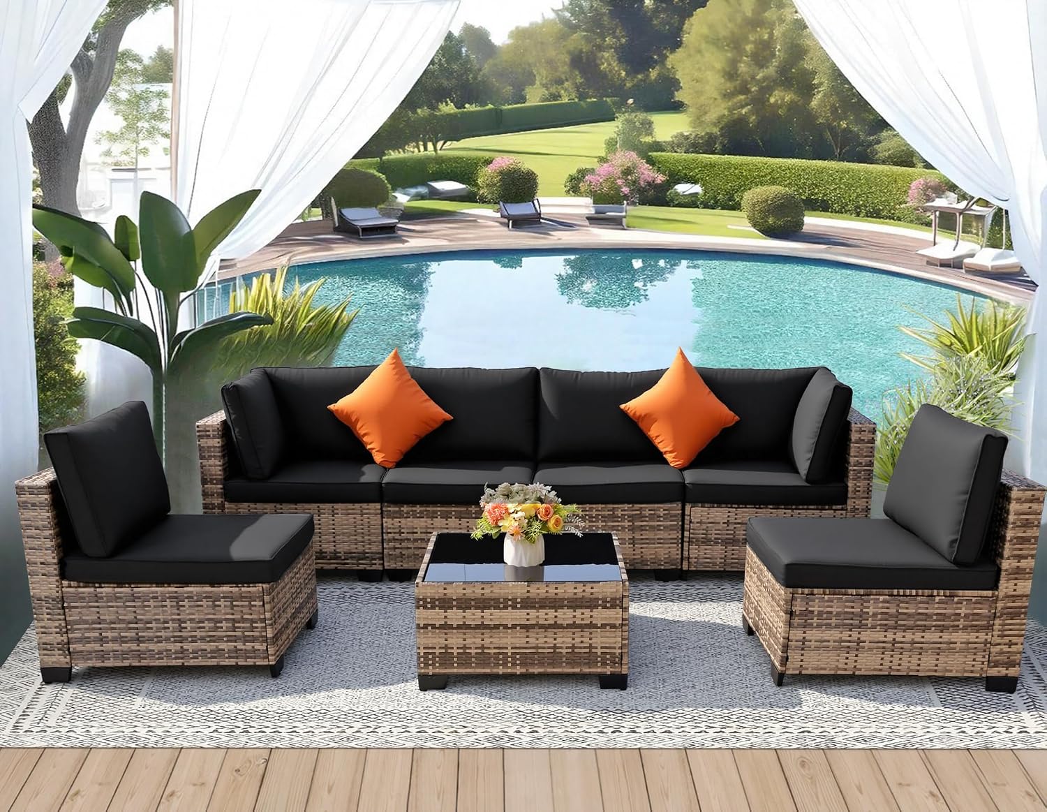 FHFO 7 Piece Outdoor Wicker Patio Furniture Set, Rattan Sectional Sofa Couch, Patio Conversation Set with Cushion & Coffee Table, for Backyard Poolside Porch Garden, Yellow-Black