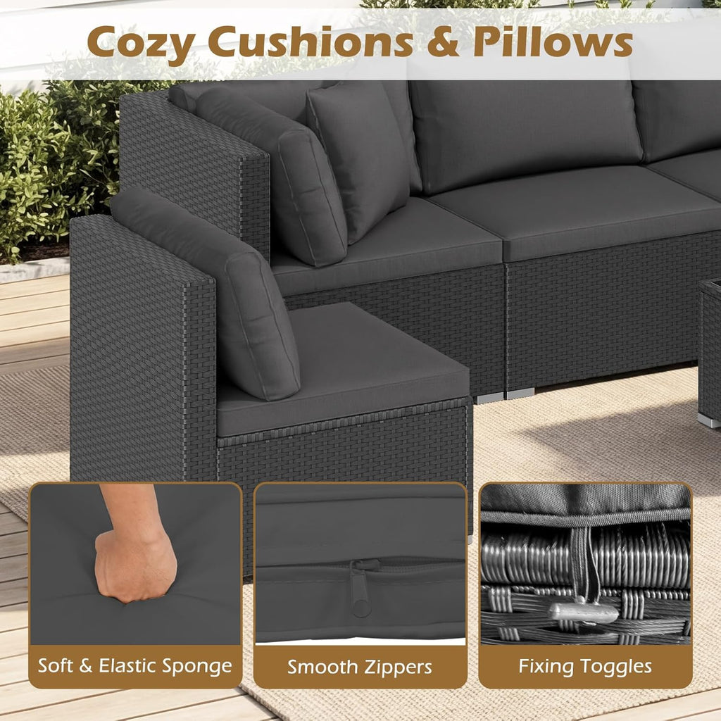 Tangkula 7 Pieces Wicker Patio Furniture Set, Outdoor Sectional Rattan Sofa Set for 6 with Seat & Back Cushions, Pillows, Coffee Table, Modular Conversation Set for Backyard, Poolside, Deck & Garden