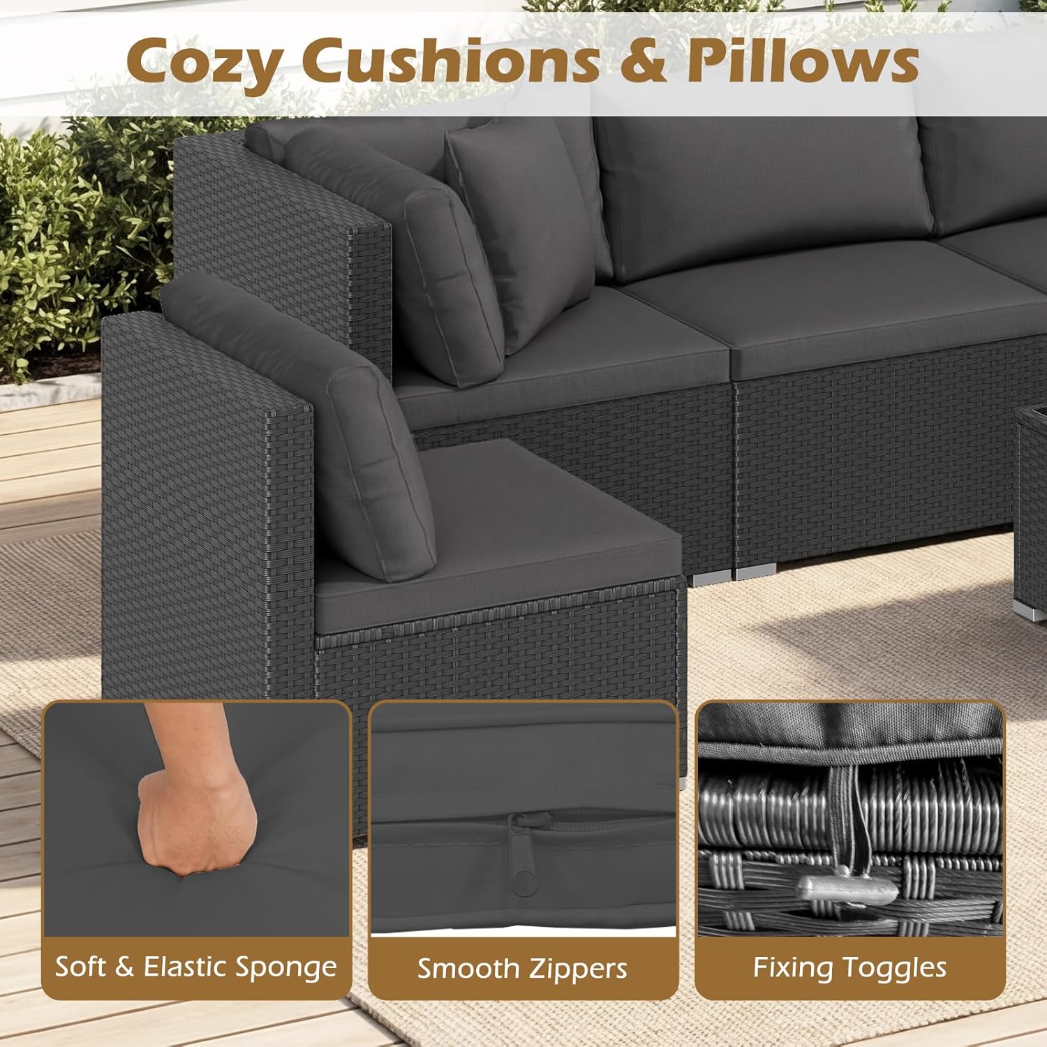 Tangkula 7 Pieces Wicker Patio Furniture Set, Outdoor Sectional Rattan Sofa Set for 6 with Seat & Back Cushions, Pillows, Coffee Table, Modular Conversation Set for Backyard, Poolside, Deck & Garden