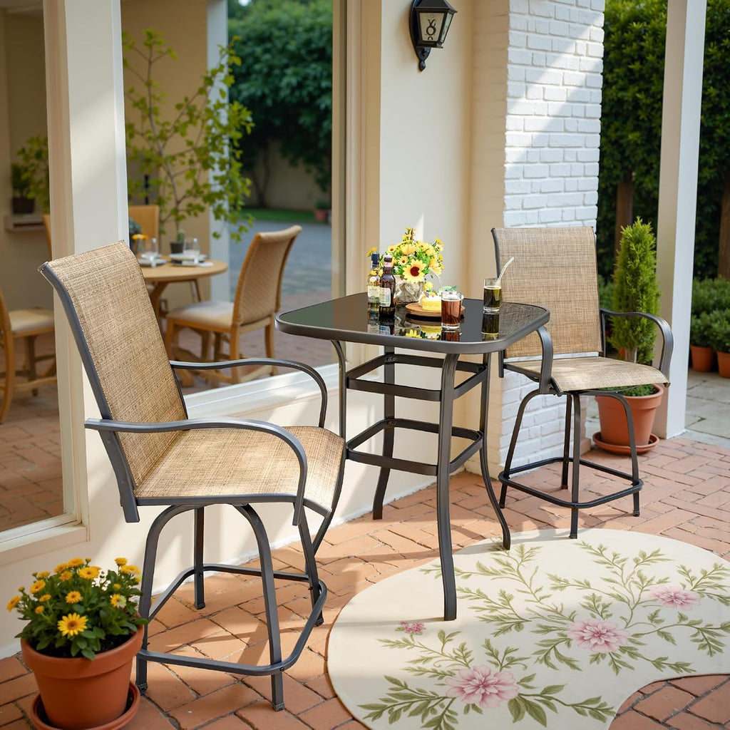 Devoko Patio Swivel Bar Set 3 Pieces Patio High Top Bar Table and Stools Chairs Set Textilene Sling Fabric Outdoor Bar Stools Set of 2 for Garden, Balcony
