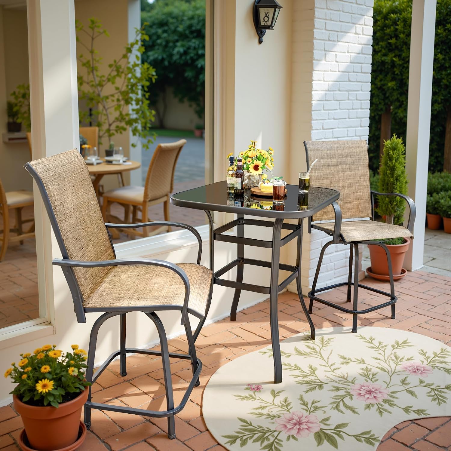 Devoko Patio Swivel Bar Set 3 Pieces Patio High Top Bar Table and Stools Chairs Set Textilene Sling Fabric Outdoor Bar Stools Set of 2 for Garden, Balcony