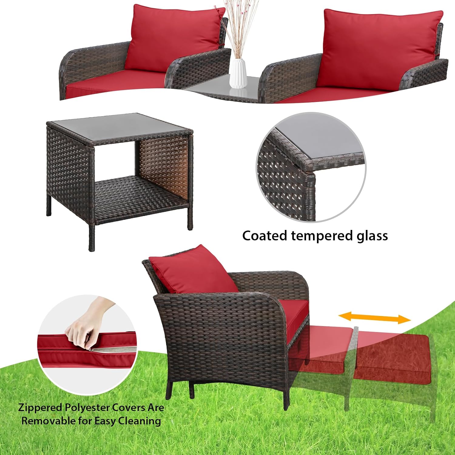 LEVELEVE Balcony Furniture 5 Piece Patio Conversation Set, PE Wicker Rattan Outdoor Lounge Chairs with Soft Cushions 2 Ottoman&Glass Table for Porch, Lawn-Brown Wicker（Wine Red
