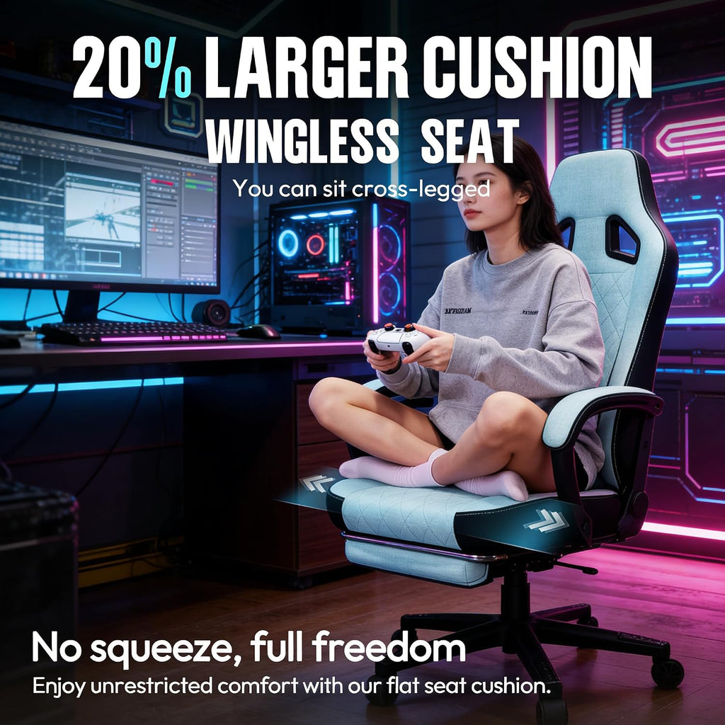 Dowinx Gaming Chair, Breathable Fabric Computer Chair with Pocket Spring Cushion, Ergonomic Massage Gamer Chair with Lumbar Support and Footrest, Height Adjustable Office Game Chairs for Adults, Aqua