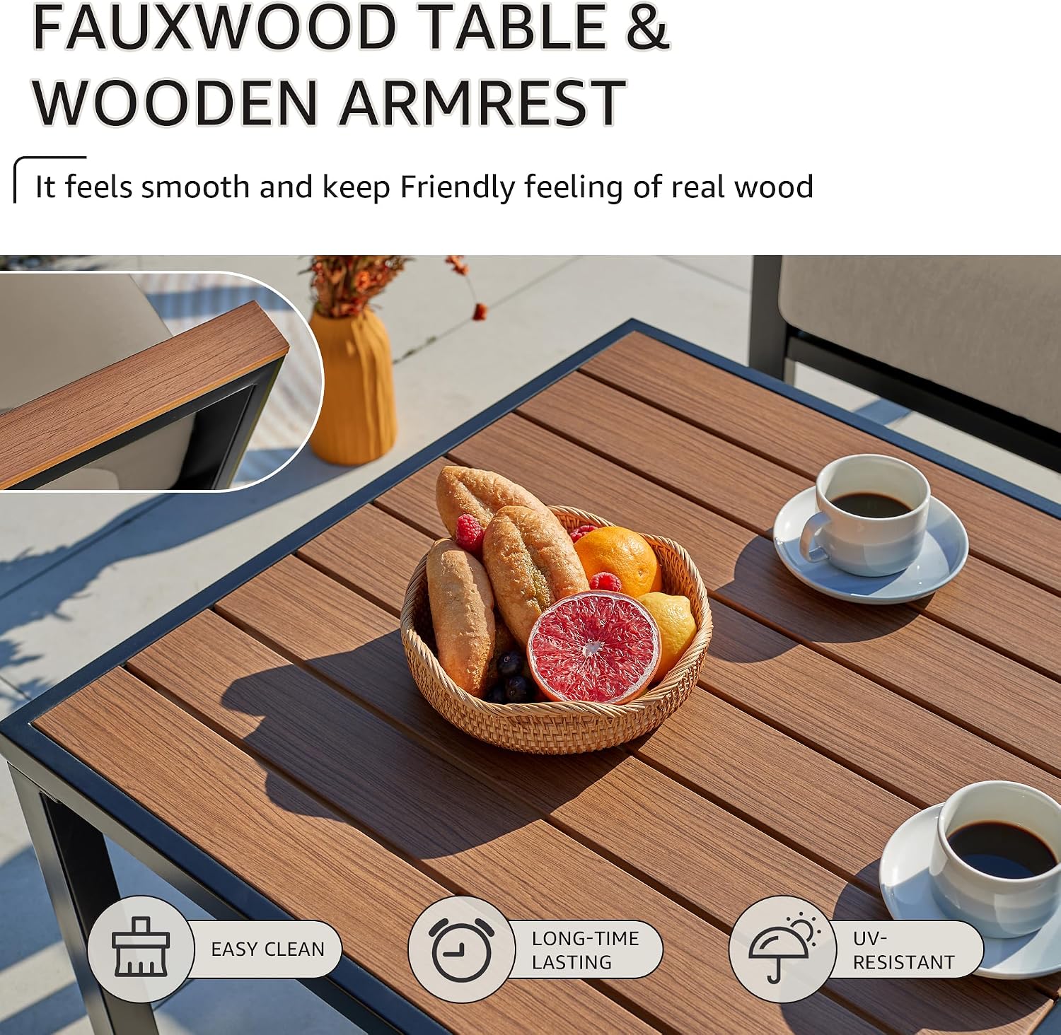 NATURAL EXPRESSIONS 6 Pieces Patio Furniture Set, Outdoor Couch with Thick Olefin Cushions, Fauxwood Armrest and Tabletop, Ergonomic Highback, Sectional Outdoor Furniture for Backyard, Deck Shale
