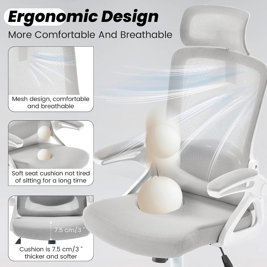 Fizzin Ergonomic Office Chair, 400 LBS Desk Chair with Adjustable Lumbar Support, High Back Breathable Mesh Computer Chair Rolling Work Swivel Task Chairs, Comfy Home Office Desk Chair (Gray)
