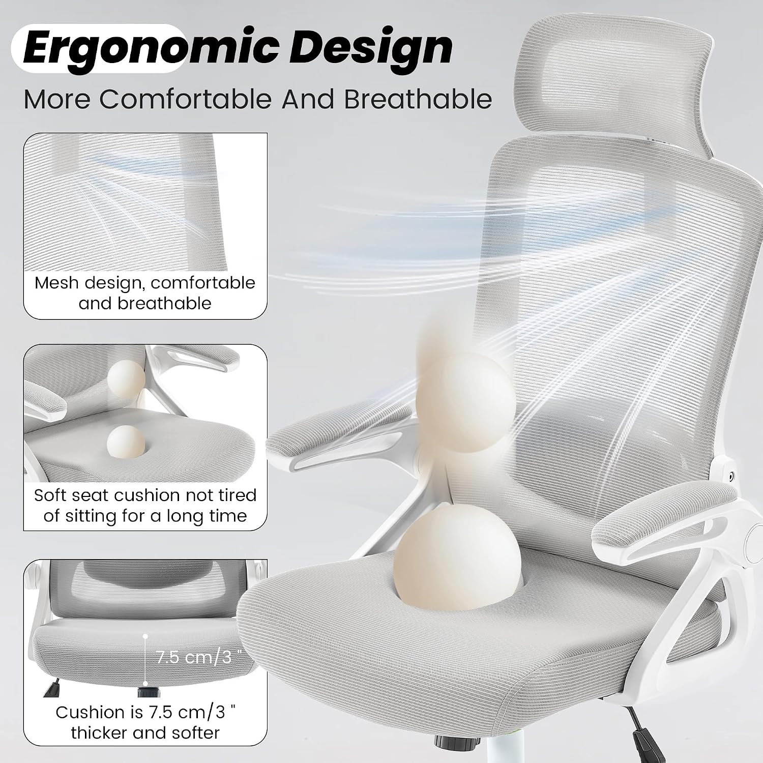 Fizzin Ergonomic Office Chair, 400 LBS Desk Chair with Adjustable Lumbar Support, High Back Breathable Mesh Computer Chair Rolling Work Swivel Task Chairs, Comfy Home Office Desk Chair (Gray)