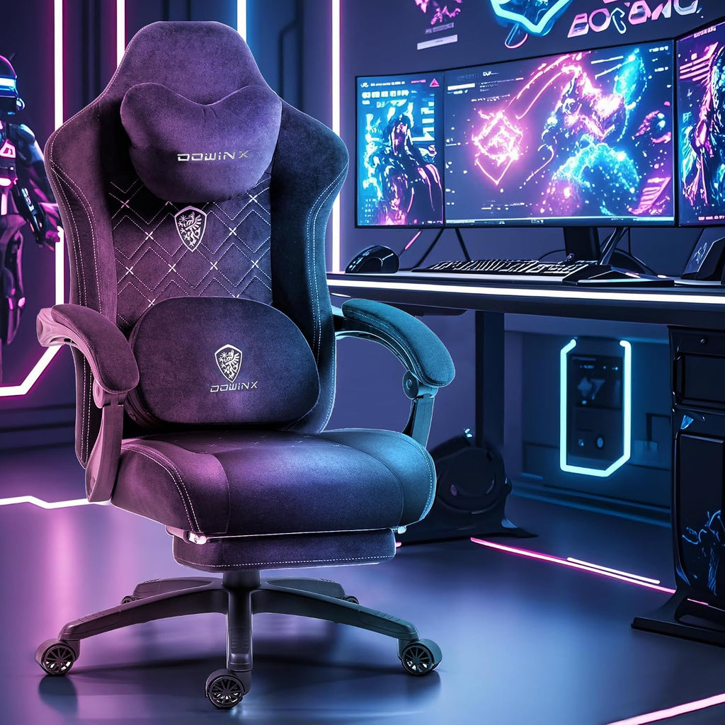 Dowinx Gaming Chair with Heated Massage Lumbar Support,Big and Tall Fabric Gaming Chairs for Adults with Footrest, Ergonomic Computer Game Chair with Poket Spring Cushions, 350lbs, Black and White