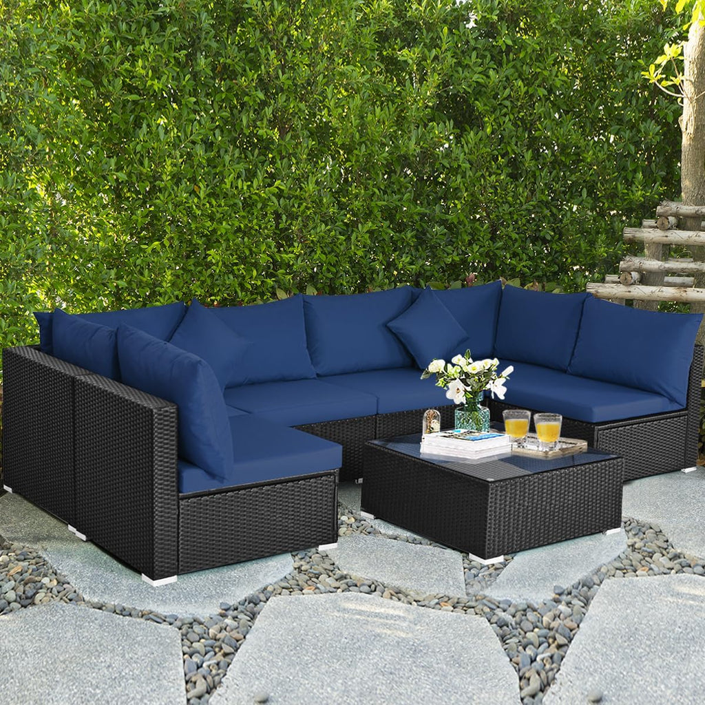 COSTWAY 7 Pieces Patio Furniture Set, Outdoor Rattan Conversation Set with 6 Seats, Coffee Tea Table, Soft Cushions, Wicker Patio Sectional Sofa for Garden Balcony Porch Poolside, Navy