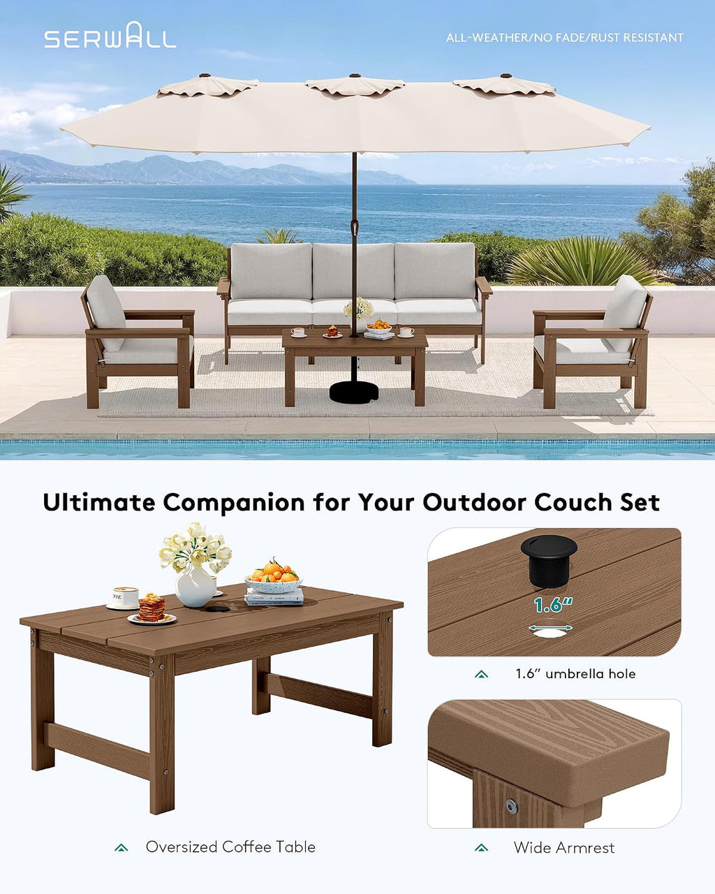 SERWALL HDPE Patio Conversation Set, 6-piece Sectional Outdoor Furniture Set, All Weather Outdoor Couch Set Patio Furniture Set for Deck, Lawn, Grey Frame with Khaki Cushion