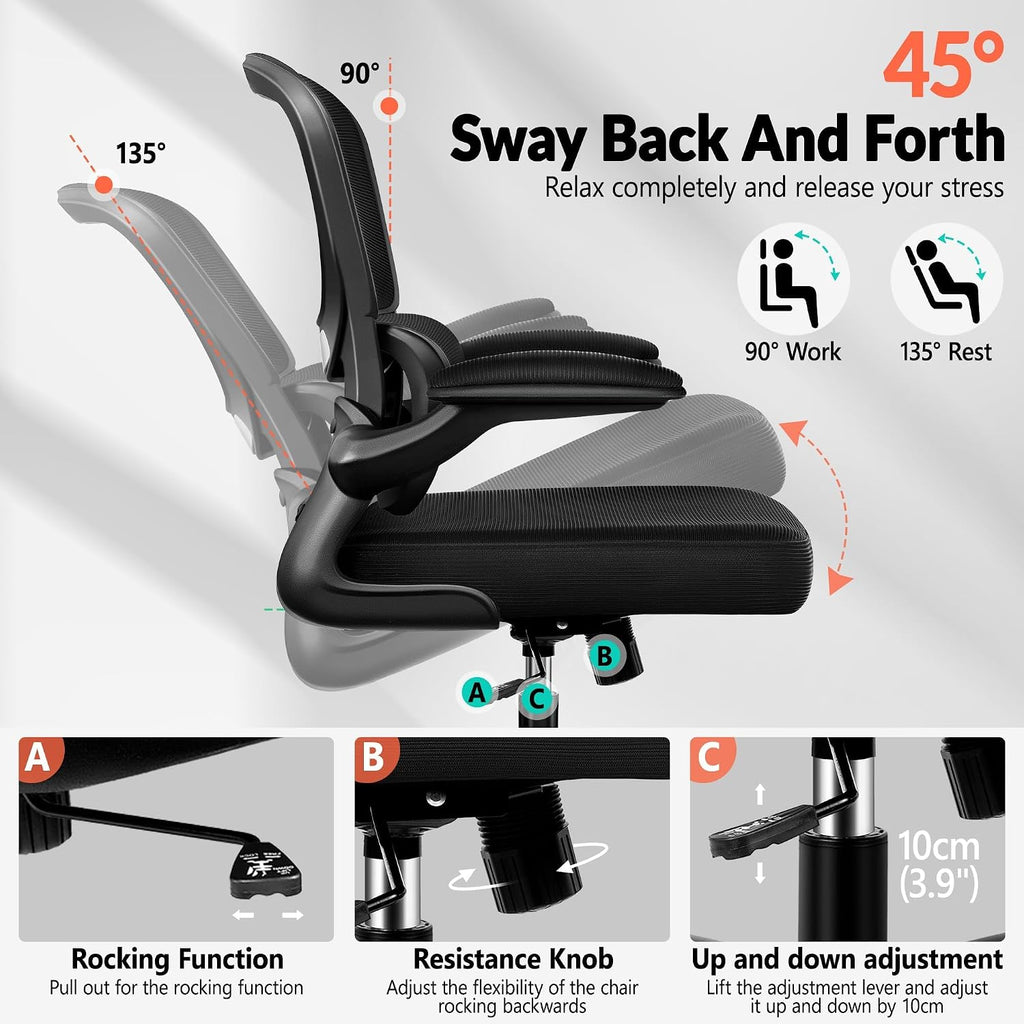 BESTFAIR Office Chair Ergonomic Desk Chair, Breathable Mesh Comfy Chair with Lumbar Support, Computer Chair, Home Desk Chair with Flip-up Armrests, Gaming Chair for Adults Home Office