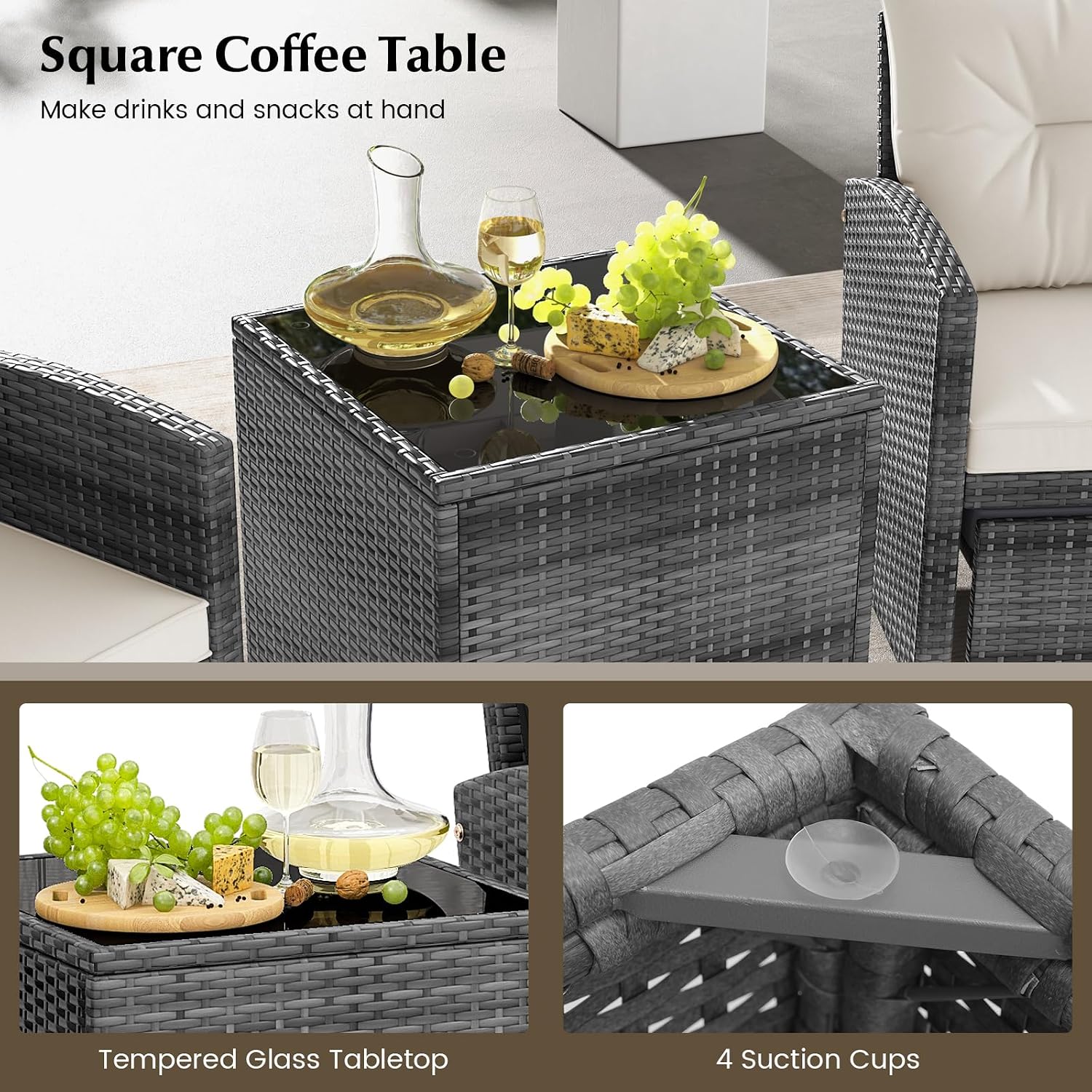 KOTEK 5 Pieces Patio Furniture Set with Ottomans, Wicker Patio Conversation Set with Coffee Table & Cushions, PE Rattan Outdoor Lounge Chairs for Backyard, Porch, Poolside (Mix Grey- Off White)