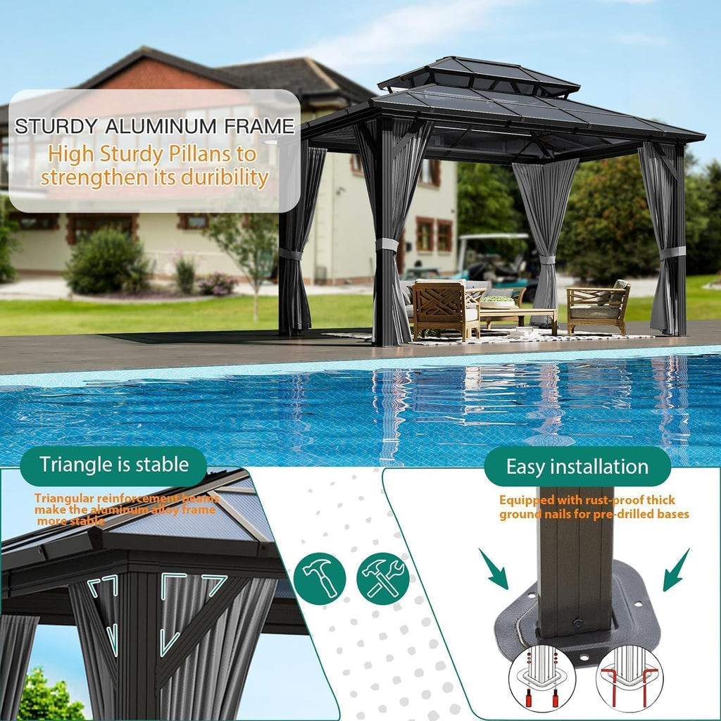 GAOMON 10'x13' Hardtop Gazebo, Outdoor Polycarbonate Double Roof Canopy, Aluminum Frame Permanent Pavilion with Curtains and Netting, Sunshade for Garden, Patio, Lawns, Gray