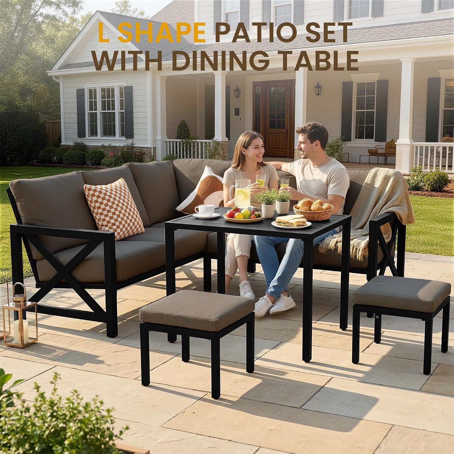 NATURAL EXPRESSIONS 8 Pieces Patio Furniture Sets,Metal Outdoor Sectional Couch L Shape Conversation Set,Highback Patio Sofa Set with Dining Table,2 Ottomans,Large Waterproof Cover, 6.5' Cushion Shale