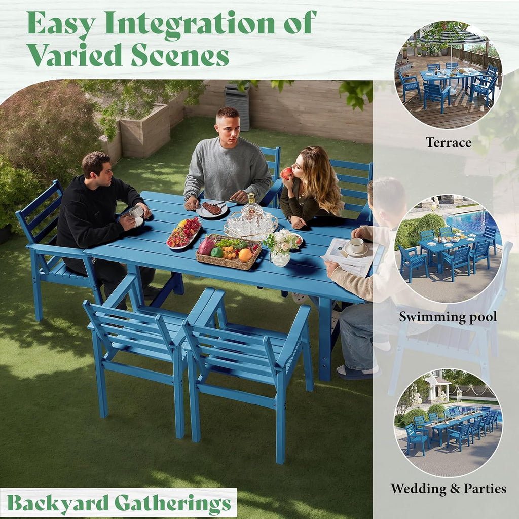 AMERLIFE 7-Piece HDPE Outdoor Dining Table Set with 6 Chairs, 71' Patio Dining Table Sets with Umbrella Hole, Modern Dinner Table & Chairs Set for Garden, Backyard, Poolside, Blue