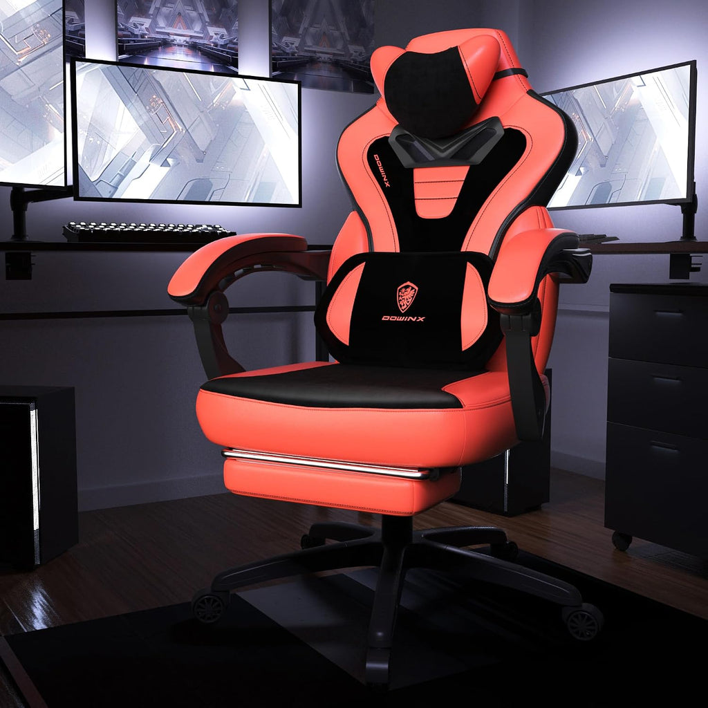 Dowinx Gaming Chair with Footrest, Gaming Chair for Heavy People, Gamer Chair for Adult with Massage, Computer Game Chair with PU, PC Game Chair (Red)