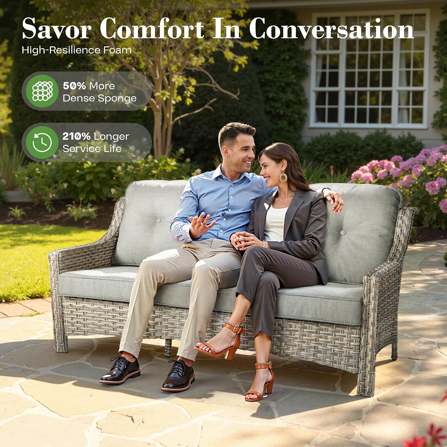 ovios 4 Piece Outdoor Patio Furniture with 3 Seat Sofa,Rattan Wicker Coversation Set with High Back,Sectional Single Sofa with Ottoman for Outside Porch Balcony Backyard Pool, Dark Grey