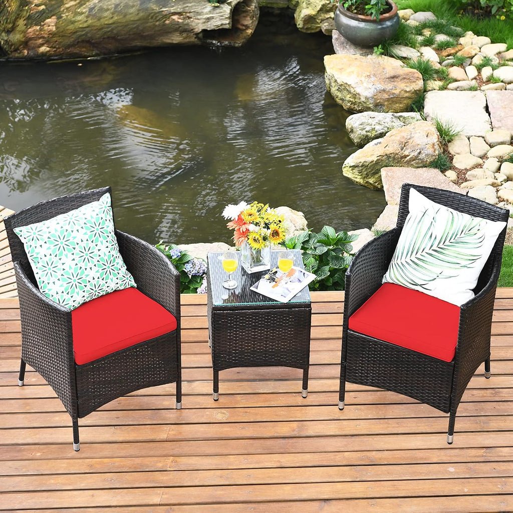 Tangkula Patio Furniture Set 3 Piece, Outdoor Wicker Rattan Conversation Set with Coffee Table, Chairs & Thick Cushions, Suitable for Patio Garden Lawn Backyard Pool (Red)