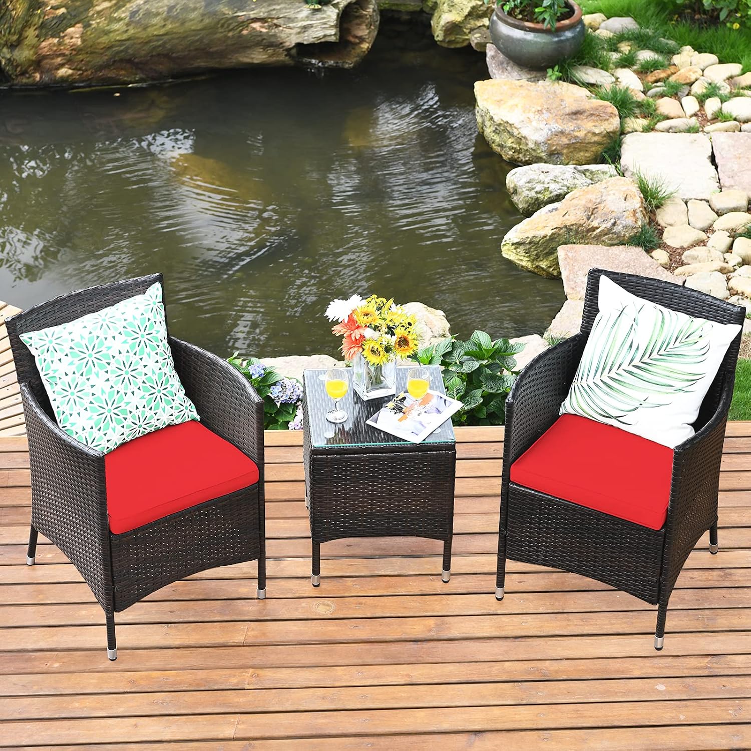 Tangkula Patio Furniture Set 3 Piece, Outdoor Wicker Rattan Conversation Set with Coffee Table, Chairs & Thick Cushions, Suitable for Patio Garden Lawn Backyard Pool (Red)